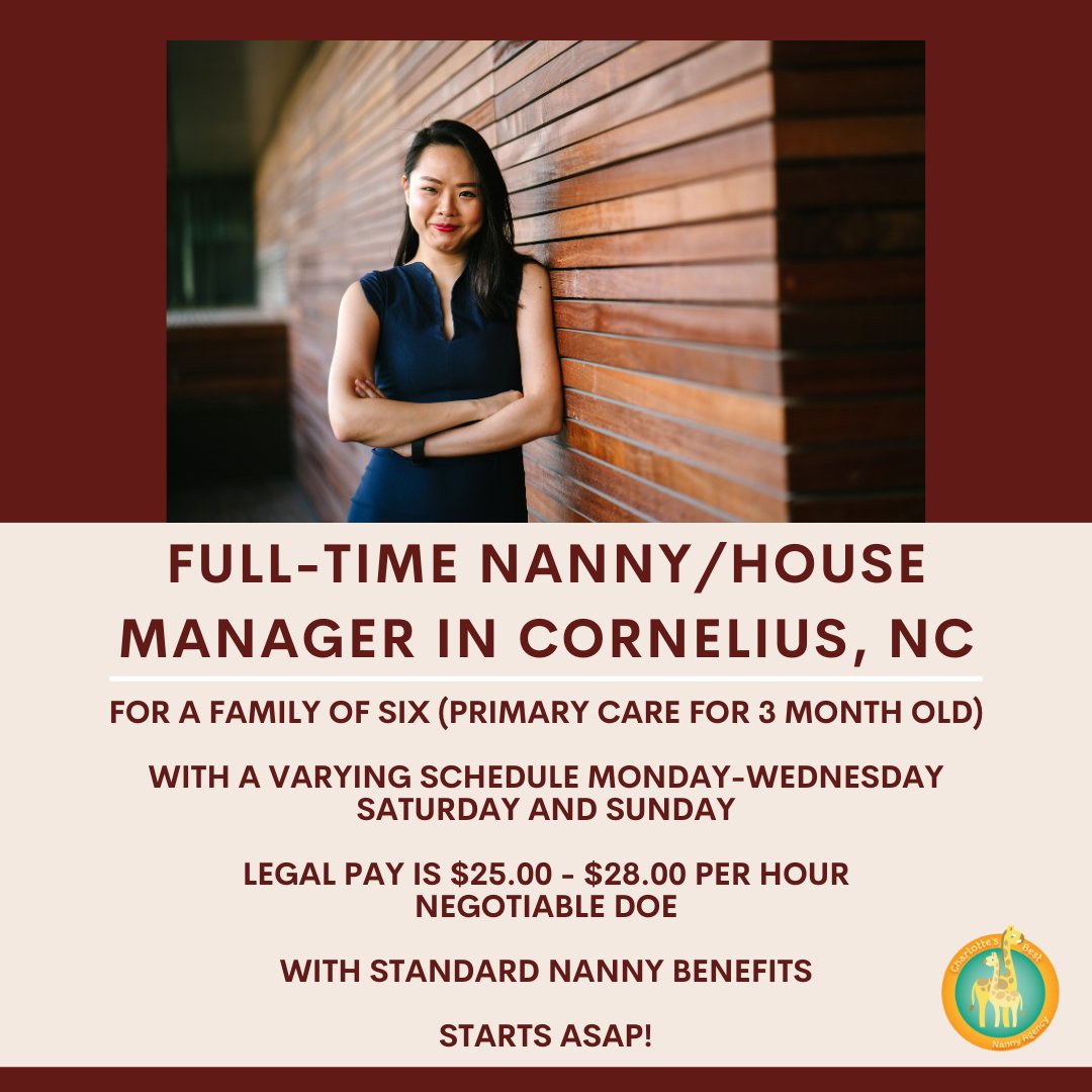 Cltbestnanny's tweet photo. FT Nanny/House Manager for a family of six (4 children) is needed in #Cornelius, NC. Primary care is for the 3 month old. The schedule varies daily. Legal pay is $25.00 - $28.00 per hour, negotiable DOE. With Standard Nanny benefits. Starts ASAP! Apply at: https://t.co/cHgCMEjQsX https://t.co/YRTiC6OQam