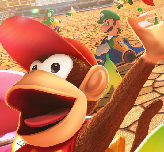 In a cropped excerpt from the previous artwork, we see Luigi in the background giving Diddy Kong a death glare.