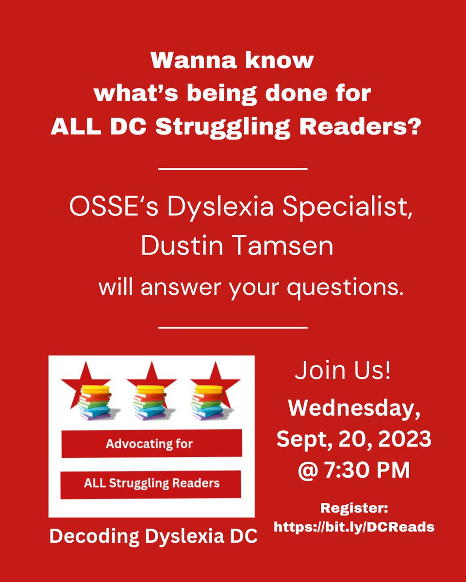 Dustin Tamsen, OSSE's new Dyslexia Specialist will give an update on implementation of the Reading and Dyslexia law w/ regard to teacher training, K-2 screening, &amp; parent information .

Celina Ketelsen, Director, Acad. Excellence &amp; Training @ OSSE, will join to answer questions.