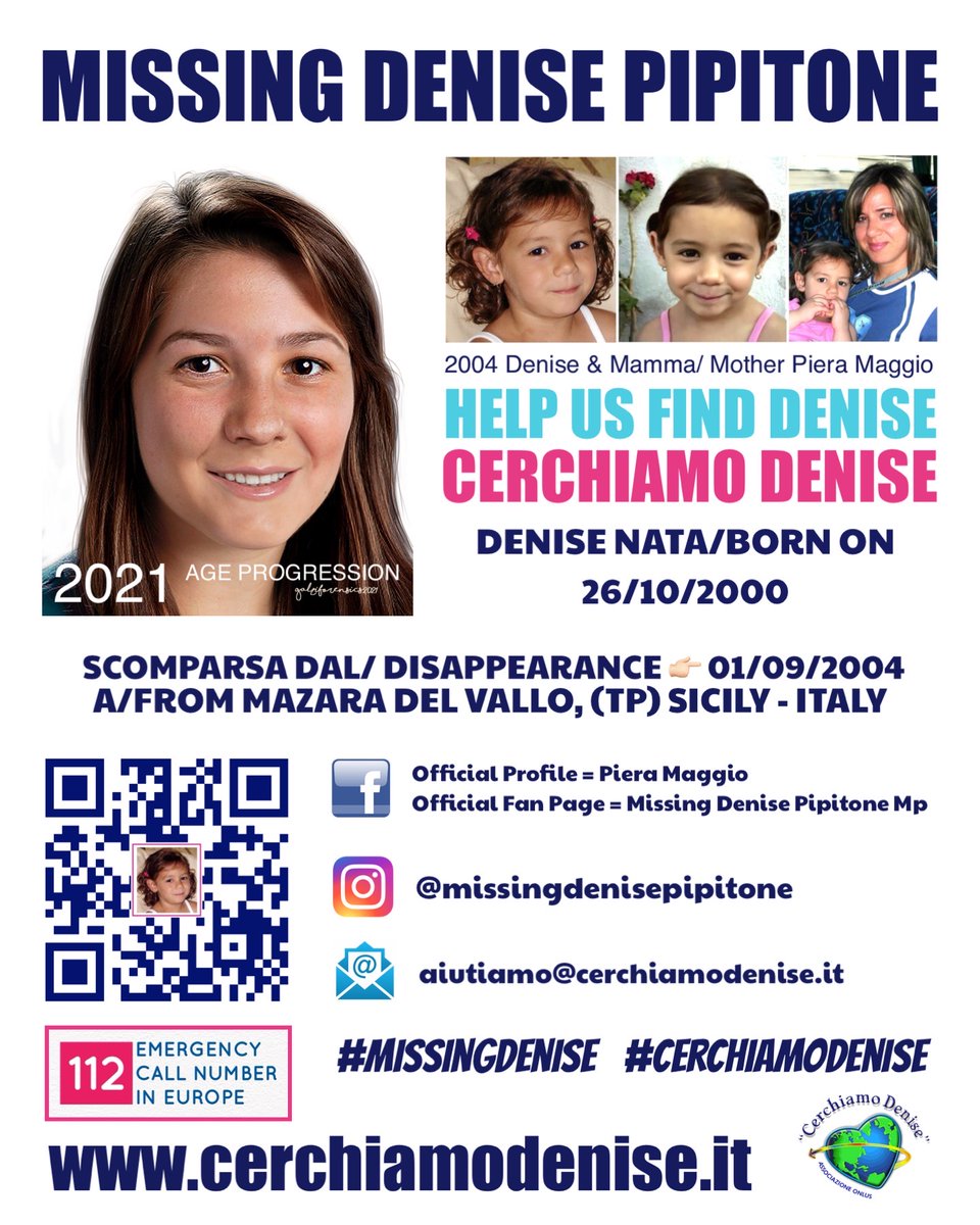 ⚠️MISSING DENISE PIPITONE SINCE 2004!!!
Please check new age progression picture 
If you have seen her  call urgently police station 

family's email: 
aiutiamo@cerchiamodenise #DenisePipitone 
#missingperson #Missing