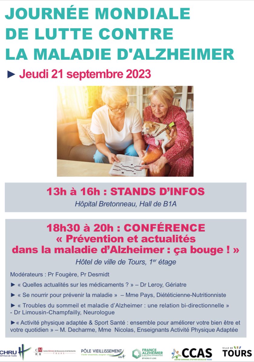 🗓️[21 Sept. <a href="/villedetours/">Ville de Tours</a>]

<a href="/GeriatrieTours/">GériatrieTours</a> organise aux côtés du #CMRR <a href="/CHRU_Tours/">CHRU de Tours</a> une Conférence 
« Prévention et Actualités dans la maladie d’Alzheimer : ça bouge ! » 😁

Ouvert au grand public et aux professionnels

A partager massivement 🗣️

RDV à 18h30 à l'Hôtel de Ville 👍