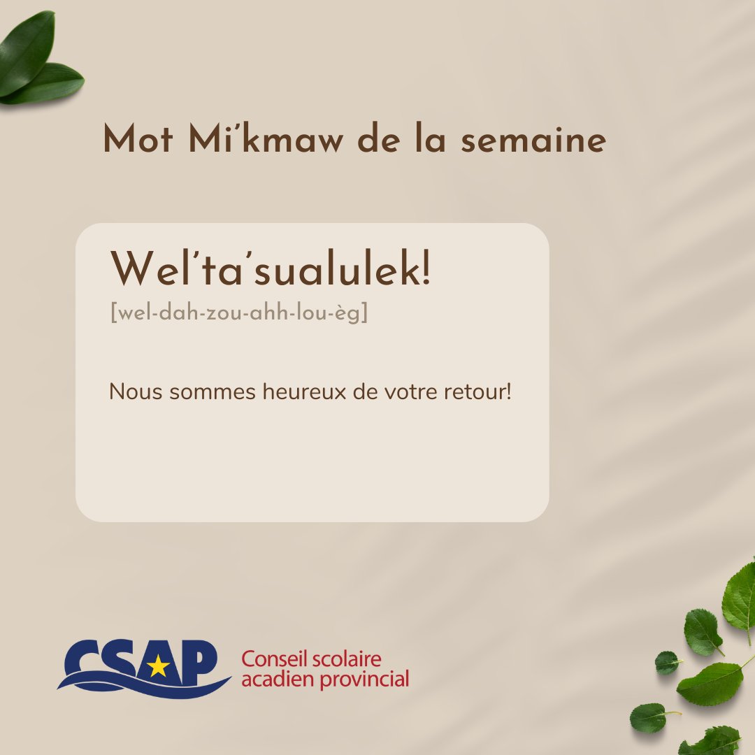 Et c'est parti! On vous partage un mot Mi'kmaw chaque semaine.

wel’ta’sualulek! (wel-dah-zou-ahh-lou-èg)
Définition: Nous sommes heureux de votre retour!

C'est ici pour l'audio
drive.google.com/file/d/1kTfyN0…