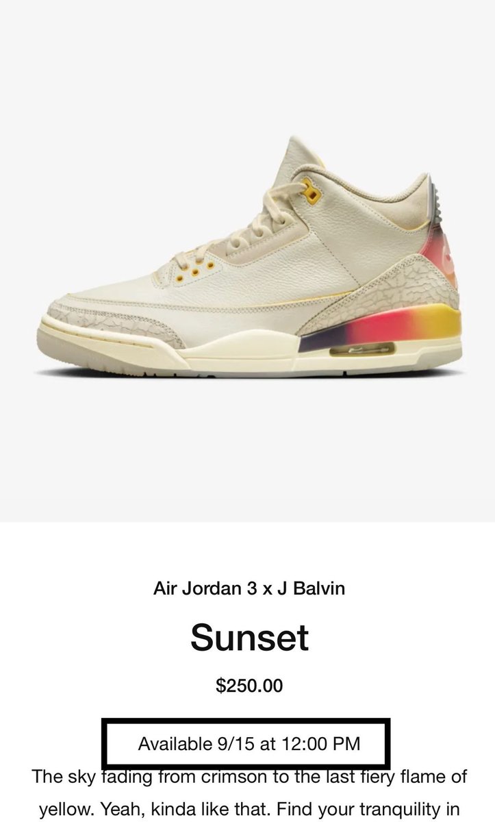 KicksFinder's tweet photo. Ad: EXCLUSIVE ACCESS via SNKRS
J Balvin x Air Jordan 3 "Medellin Sunset" 
12PM EST
(Login to check for access)

>> https://t.co/CK5XS898Cg 

*If you see the date as today and 12PM EST, then you have access https://t.co/bl5ZbnyrPk