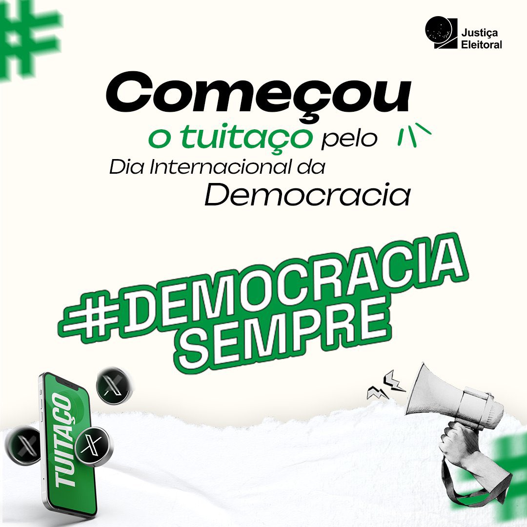 Começou a grande mobilização do #DiaDaDemocracia! Vamos juntos com <a href="/TSEjusbr/">TSE</a>  marcar esse golaço usando #DemocraciaSempre no seu tweet 🫶 Baixe as peças e participe: tse.jus.br/comunicacao/ca…