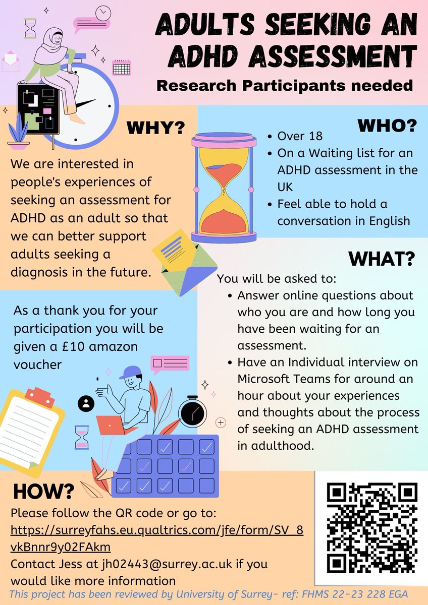 I am seeking individuals who are currently on a UK waiting list for an ADHD assessment to be involved in my research project. 
If this does not apply to you but to others you know, please share! surreyfahs.eu.qualtrics.com/jfe/form/SV_8v…