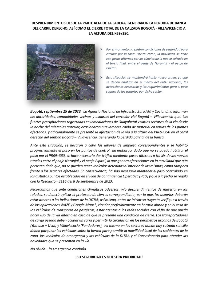 CoviandinaSAS's tweet photo. Señor usuario: Tenga en cuenta está información sobre la movilidad en el corredor vial y nuevas afectaciones a la infraestructura producto de las fuertes lluvias de los últimos días. !Su Seguridad es Nuestra Prioridad! #713 https://t.co/swZNEO41n7