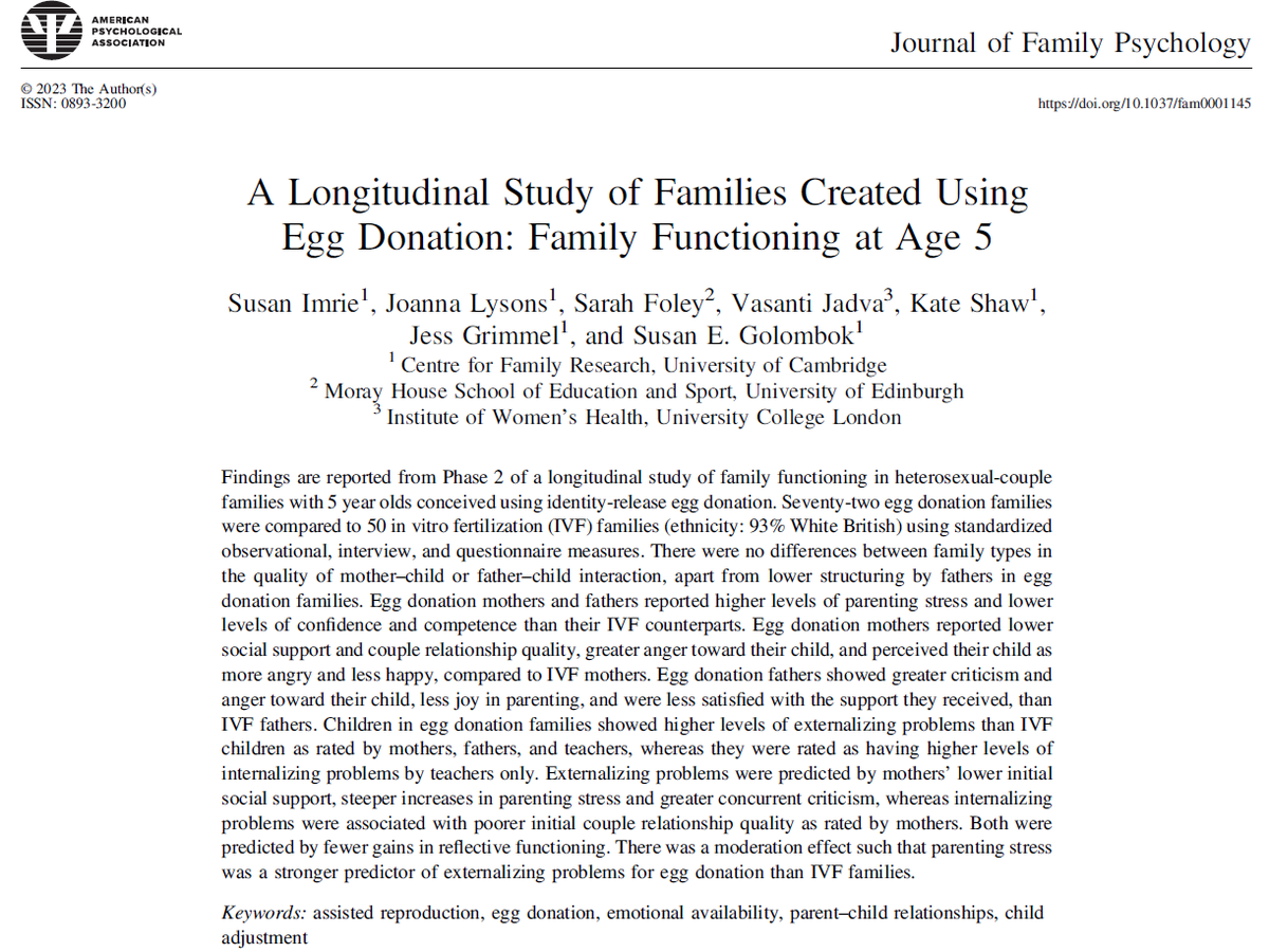 CFR32's tweet photo. 🚨New paper!

The study examines parent–child relationships, parental well-being &amp; children’s adjustment in families with 5 year olds conceived either by identity-release egg donation or by IVF with the parents’ own gametes. 

📰Read the full paper here: https://t.co/Sa7xBSVXGM https://t.co/D0fL61deAk