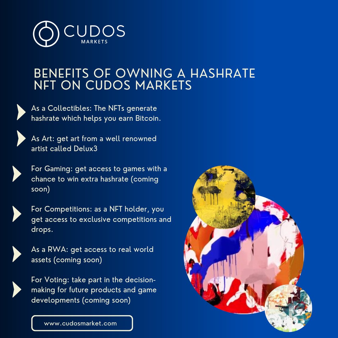 heisgero's tweet photo. Owning a hashrate NFT from @CudosMarkets brings awesome Benefitsπ₯
Check out reasons to purchase hashrate collectibles.
#CudosMarkets #Hashrate #BTC https://t.co/QP9OWA3upN