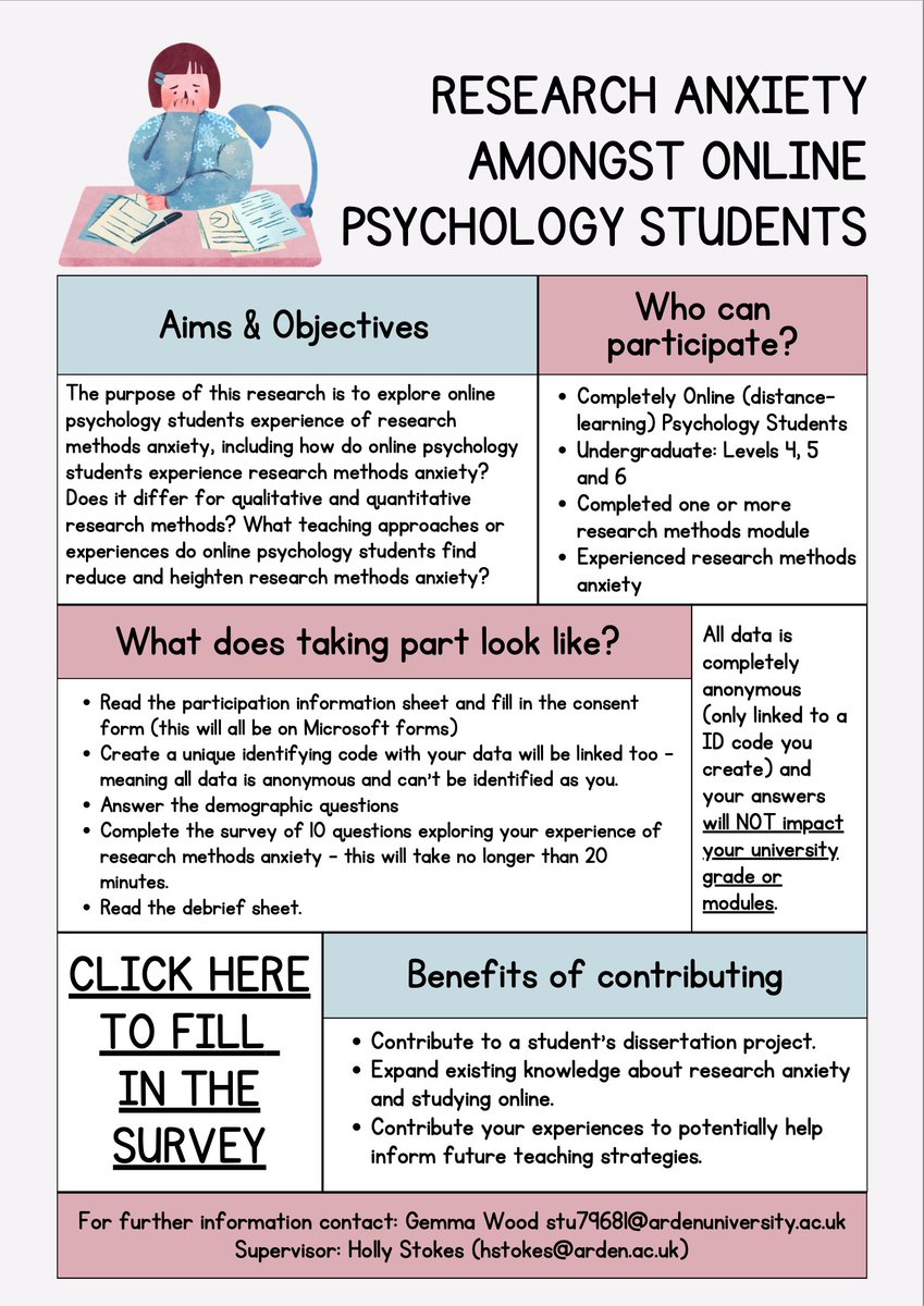 I’ve began recruitment for my dissertation😆 
The purpose of this research is to explore online psychology students experience of research methods anxiety. Please read the attached poster for more info on participation.
CLICK HERE TO TAKE PART: forms.office.com/e/riN9qKYx1A