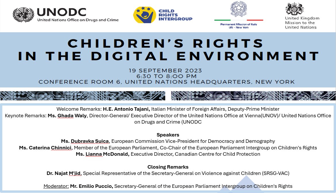 Today is the last day 📢 to register for a high-level event on 19 Sept on Children's Rights in the Digital Environment with @UNODC_Justice @ItalyUN_NY @UKUN_NewYork @Childmanifesto Register here: docs.google.com/forms/d/e/1FAI…