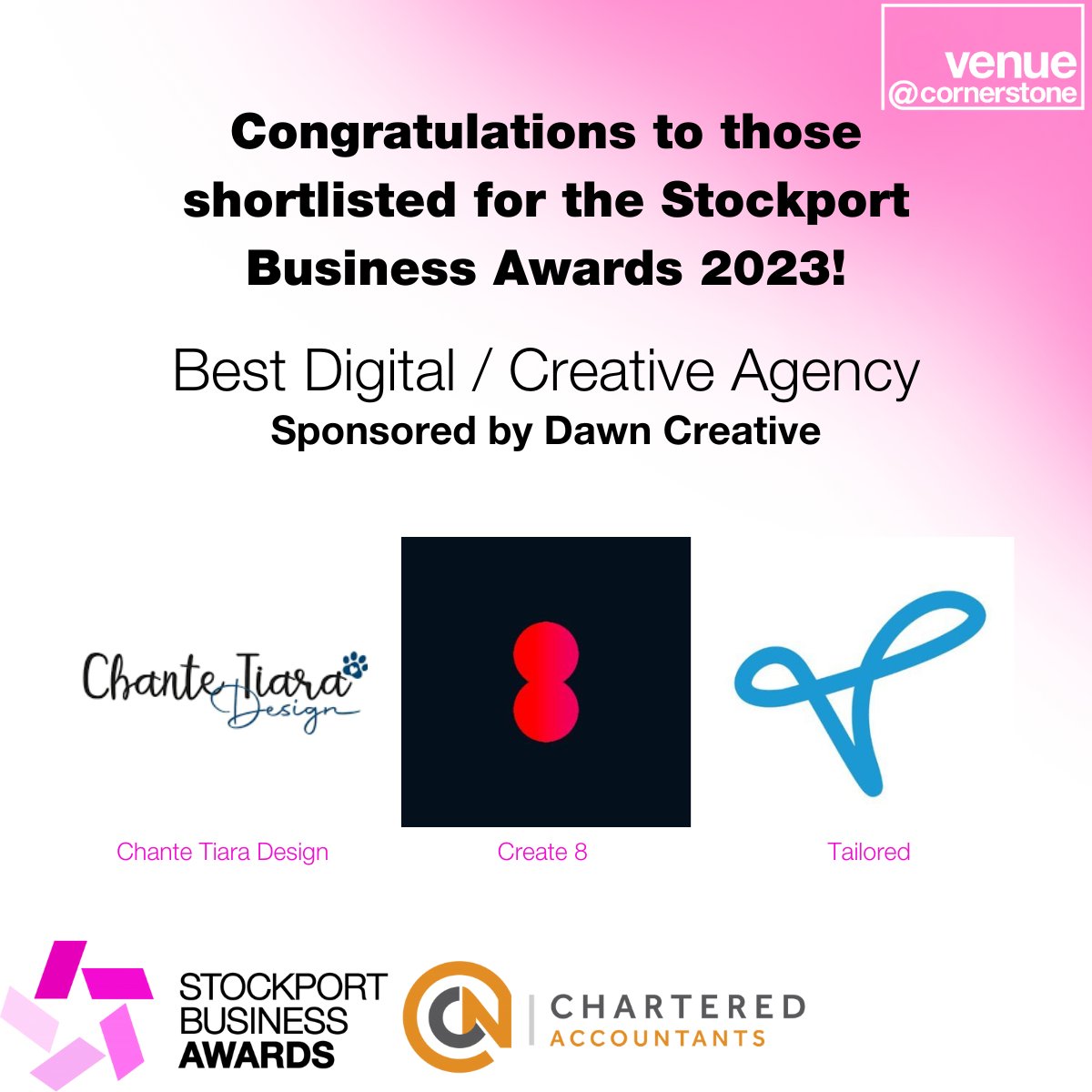 Venue at Cornerstone (@cornerstoneshg) on Twitter photo It's time for the Best Digital / Creative Agency category at the #StockportBusinessAwards, sponsored by <a href="/wearedawn/">Dawn</a>
Congratulations to Chante Tiara Design, <a href="/Create8Ltd/">Create8 Design Agency</a> and <a href="/Tailored_Sites/">Tailored Sites</a> on your shortlist!
#CelebratingStockport It's time for the Best Digital / Creative Agency category at the #StockportBusinessAwards, sponsored by <a href="/wearedawn/">Dawn</a>
Congratulations to Chante Tiara Design, <a href="/Create8Ltd/">Create8 Design Agency</a> and <a href="/Tailored_Sites/">Tailored Sites</a> on your shortlist!
#CelebratingStockport