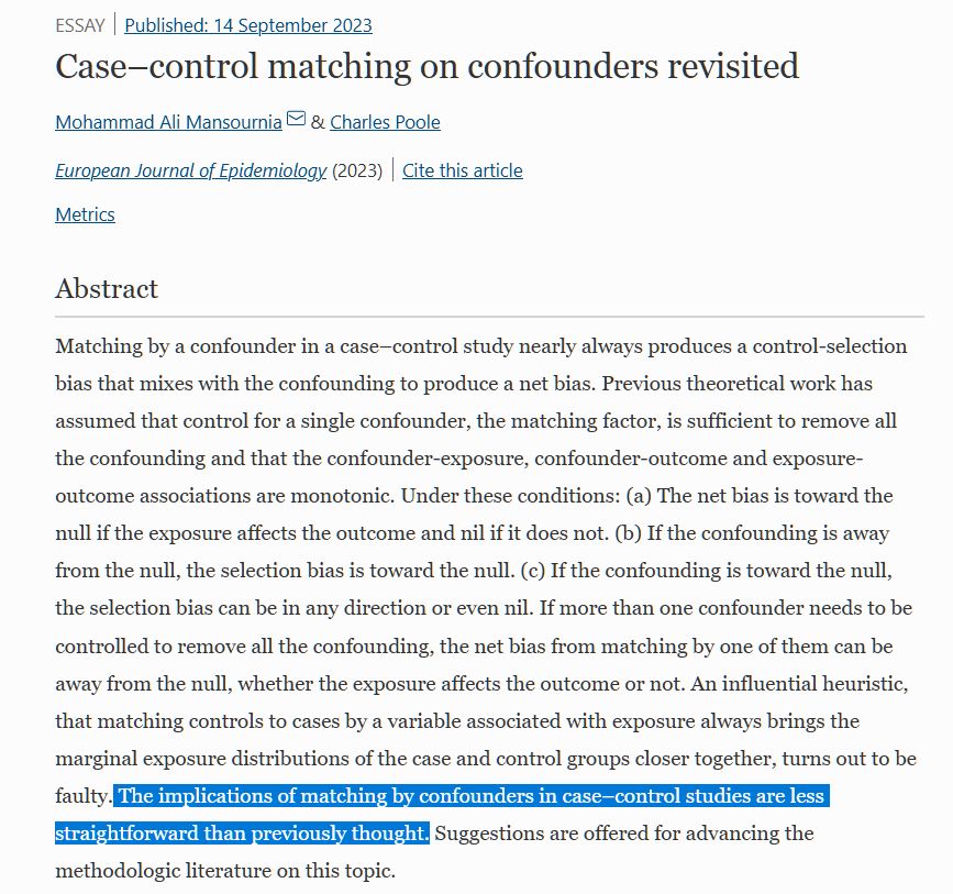 Ken Rothman (@ken_rothman) on Twitter photo "The implications of matching by confounders in case–control studies are less straightforward than previously thought." -- <a href="/Mohamma70696197/">Mohammad-Ali Mansournia</a> and Poole "The implications of matching by confounders in case–control studies are less straightforward than previously thought." -- <a href="/Mohamma70696197/">Mohammad-Ali Mansournia</a> and Poole