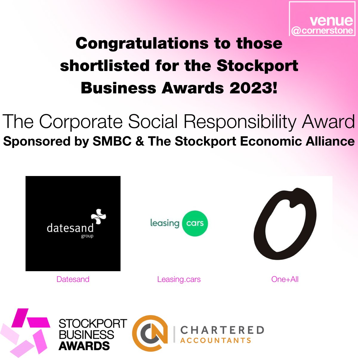 Venue at Cornerstone (@cornerstoneshg) on Twitter photo Happy Friday!
The #StockportBusinessAwards category we're shouting out today is....
The Corporate Social Responsibility Award, sponsored by <a href="/StockportMBC/">Stockport Council</a> and the Stockport Economic Alliance.
Congratulations <a href="/DatesandGroup/">Datesand Ltd</a> <a href="/leasingdotcars/">leasing.cars</a> and <a href="/Oneand_All/">One+All</a> Happy Friday!
The #StockportBusinessAwards category we're shouting out today is....
The Corporate Social Responsibility Award, sponsored by <a href="/StockportMBC/">Stockport Council</a> and the Stockport Economic Alliance.
Congratulations <a href="/DatesandGroup/">Datesand Ltd</a> <a href="/leasingdotcars/">leasing.cars</a> and <a href="/Oneand_All/">One+All</a>