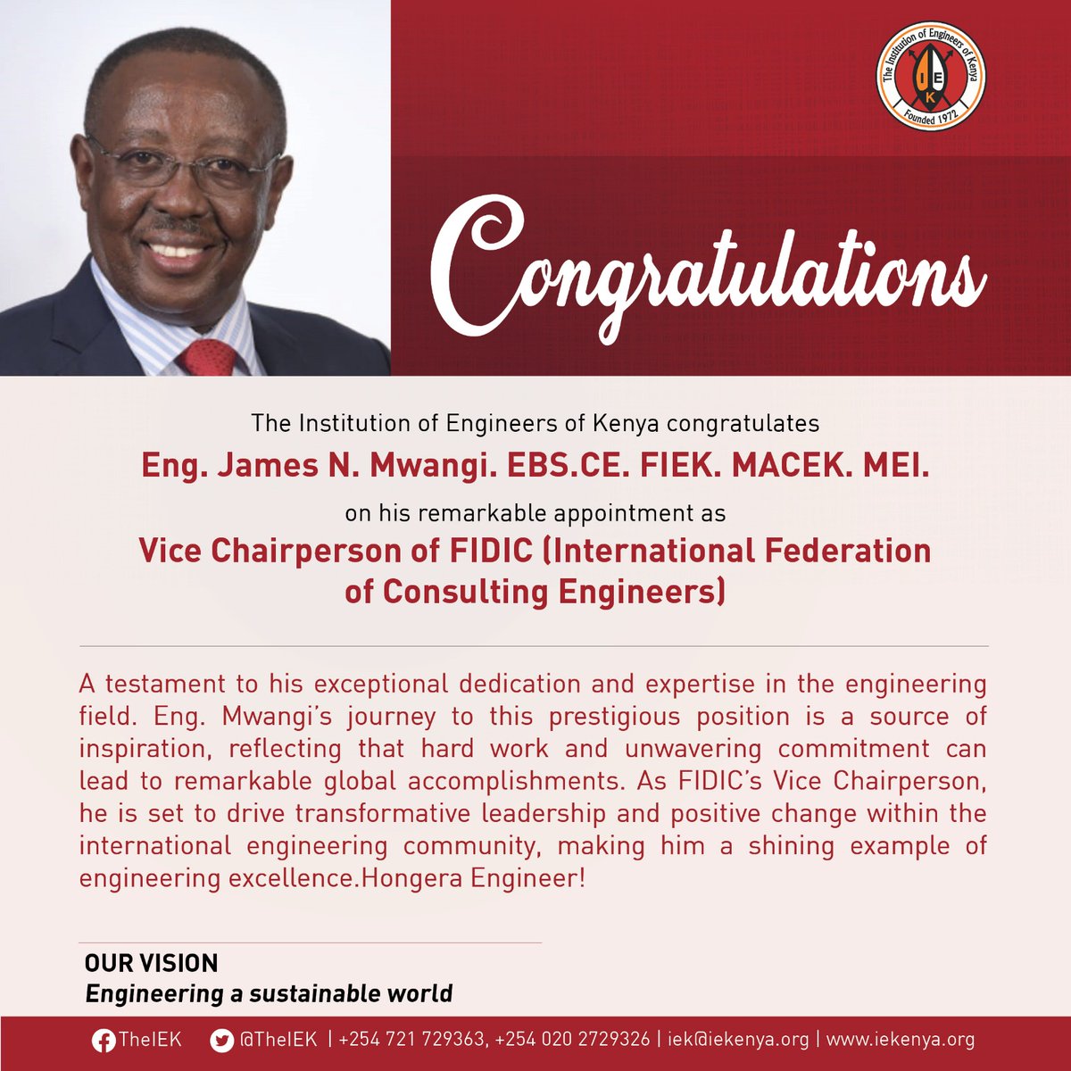 Congratulations to Eng.James Mwangi  on his appointment as Vice President @FIDIC!
Your dedication to Engineering excellence is truly inspiring.Congratulations! 
#EngineeringLeadership 
#EngineeringExcellence 
@EngineersBoard