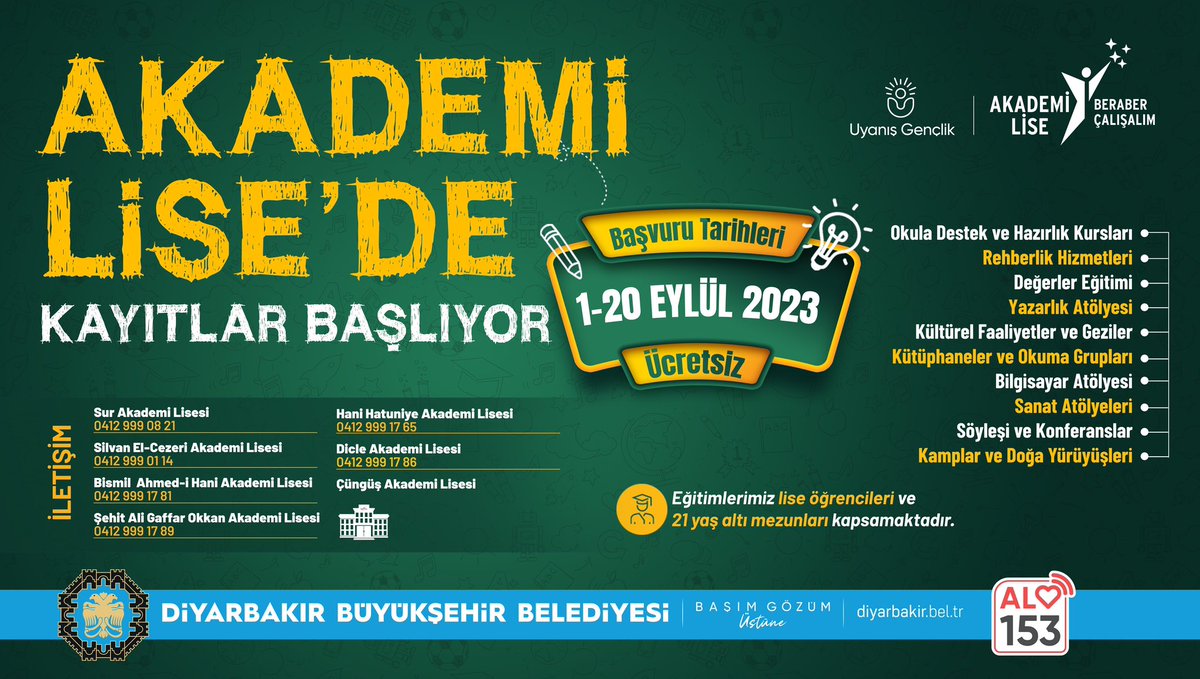 diyarbakirbld's tweet photo. Duyanlar Duymayanlara Söylesin🙋‍♀️

Akademi Liselerimizde Kayıtlar Devam Ediyor📣

👉 Lise öğrencileri ve 2️⃣1️⃣ yaş altı tüm mezun gençlerimizi bekleriz.📚

🗓️Son Başvuru Tarihi: 20 Eylül 
📌 Ücretsizdir

#BaşımGözümÜstüne #Diyarbakır https://t.co/xKNt6nsi69
