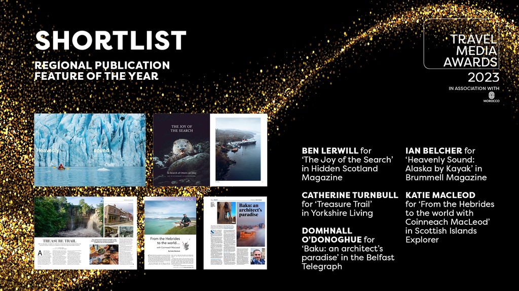 Here are the finalists in the Regional Publication Feature of the Year category! Ben Lerwill @nordicqueen2 @domhnall1982 @contentsidekick @KatieMacL The winner will be announced at the Travel Media Awards on the 23 October at The Savoy. Tickets: travelmediaawards.com/awards/en/page…