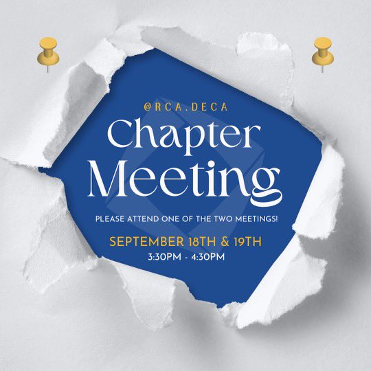 Join us next Monday and Tuesday from 3:30 to 4:30 in Ms. Johnson-Scott's room for our chapter meeting. 📚 Don’t have to attend both meeting, make atleast one  If you can't attend, reach out to Ms. Johnson-Scott ASAP! 📢 Important updates #RCADECA #LevelUp