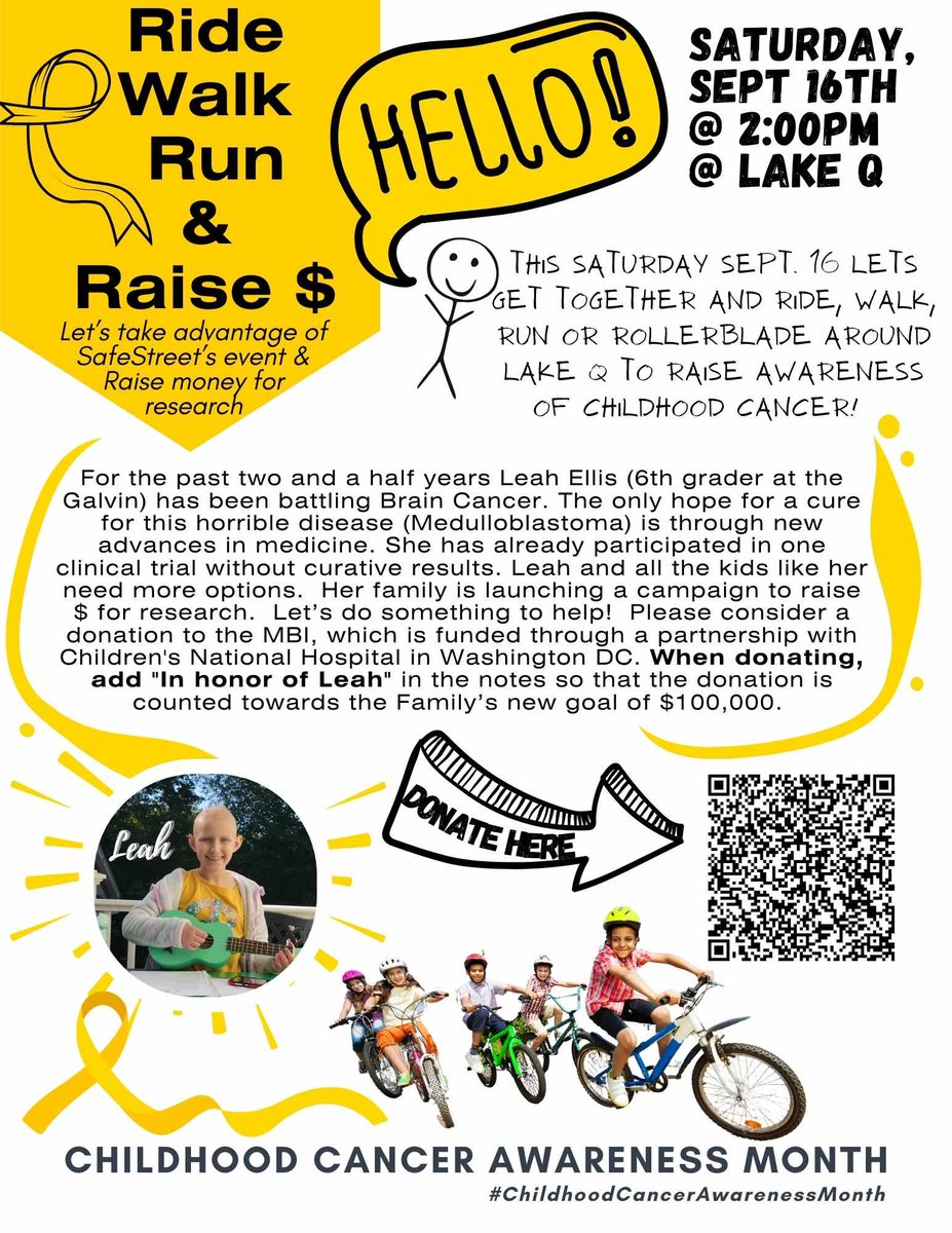 The Open Streets Lake Q event tomorrow is canceled due to weather concerns. However, we still encourage you to support this co-event organized by local students in support of their friend Leah and every child with cancer.  💞🧠🩺