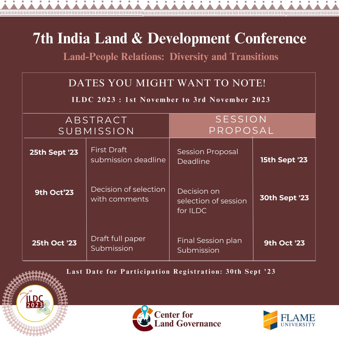 IndiaLandConf's tweet photo. 𝐃𝐄𝐀𝐃𝐋𝐈𝐍𝐄𝐒 𝐄𝐗𝐓𝐄𝐃𝐍𝐄𝐃 📢
Submit your abstracts for #ILDC2023 by 25th September. #ILDC draws participation from across the globe from #LandRights and #Development sector. Join us for deliberations on Land-People Relations at #ILDC this November @FLAMEUniversity https://t.co/m91174VHF8