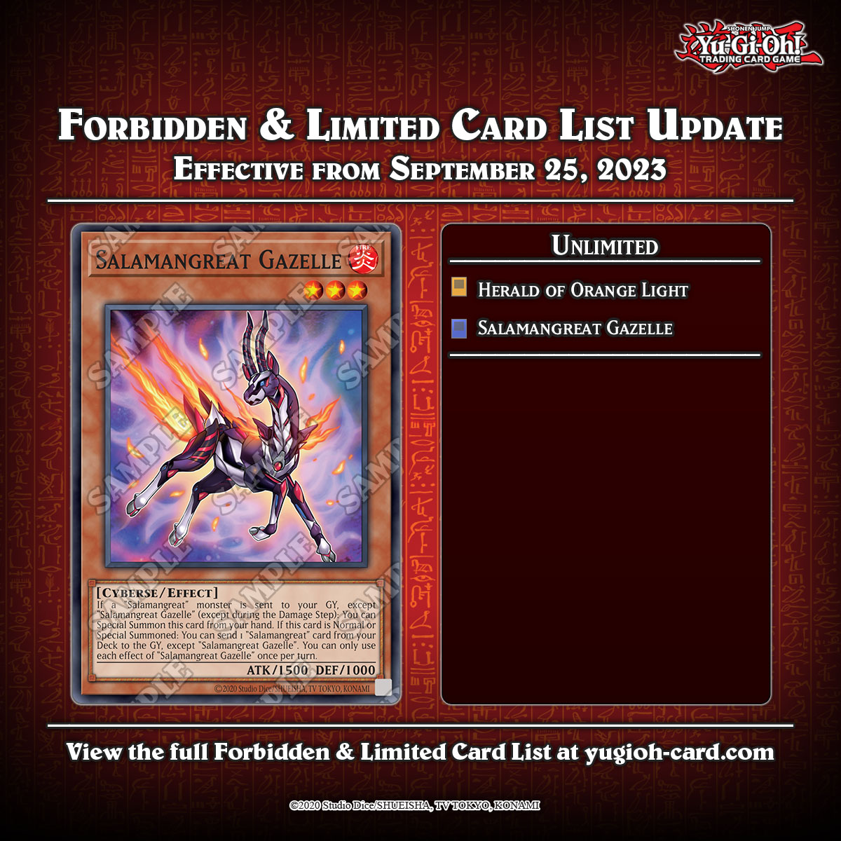 Attention Duelists! 

The #YuGiOhTCG Forbidden &amp; Limited List has been updated!
These changes go into effect on 25th of September, 2023.

Full list: yugioh-card.com/eu/play/forbid…

#KashtiraAriseHeart #ChaosSpace #SalamangreatGazelle