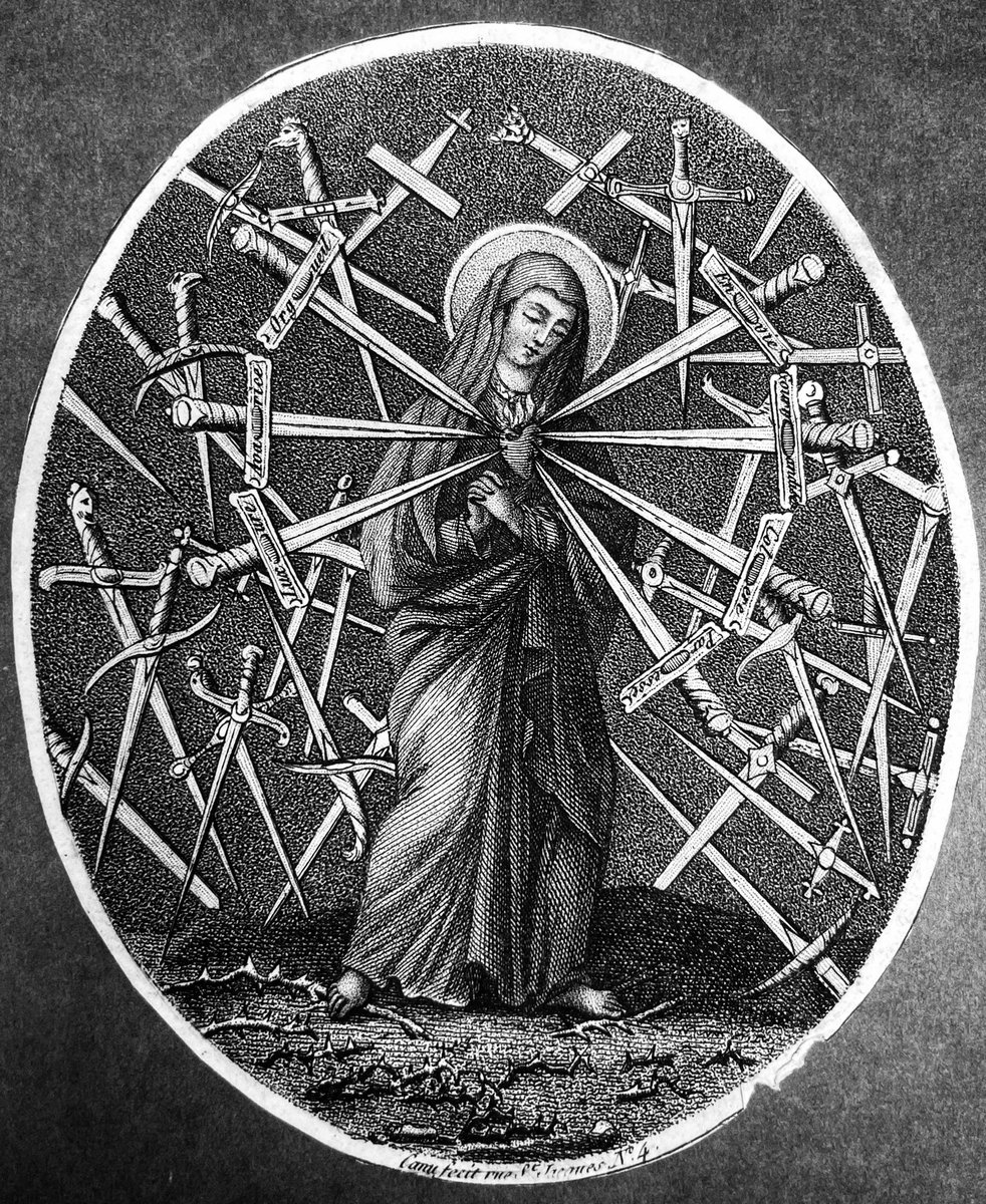 Seven swords for Our Lady of Sorrows - these represent the moments of suffering that Mary endured throughout her Son’s life and death. Both of these hauntingly beautiful holy cards come from our Auguste Martin collection in honor of her feast day.