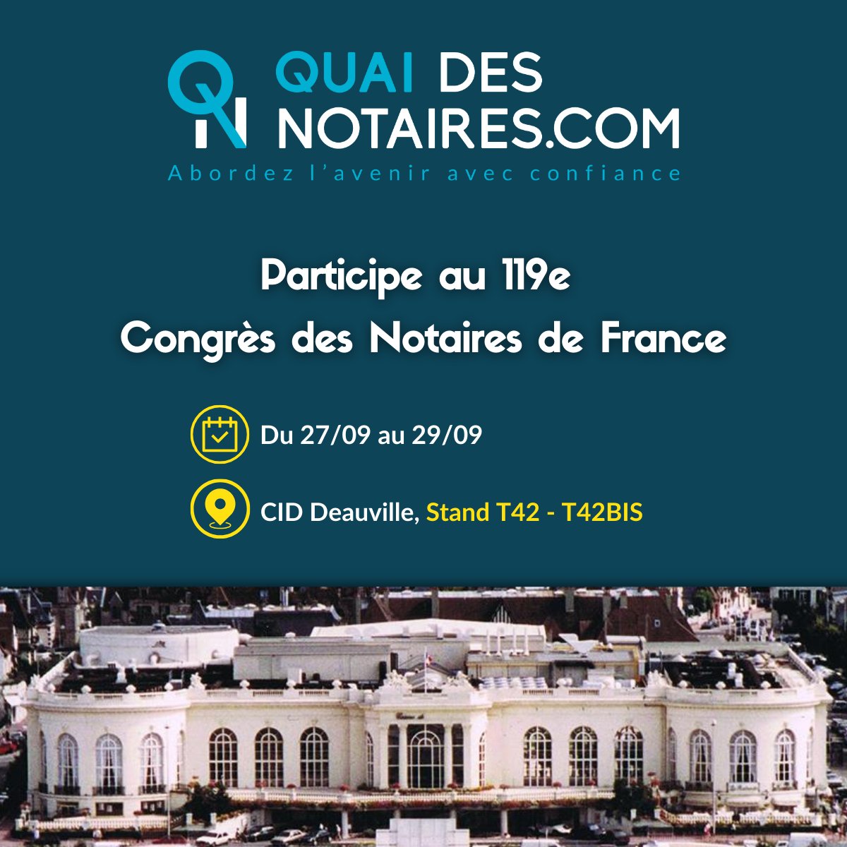 J-7 ! ⏳
En avant pour le Congrès des notaires de France ! 🚀
Du 27 au 29 septembre, l'équipe de Quai des Notaires sera présente au <a href="/CongresNotaires/">Association Congrès des Notaires de France</a>  qui se tiendra au @CID_Deauville.
Venez nous rencontrer sur notre stand T42 - T42B !