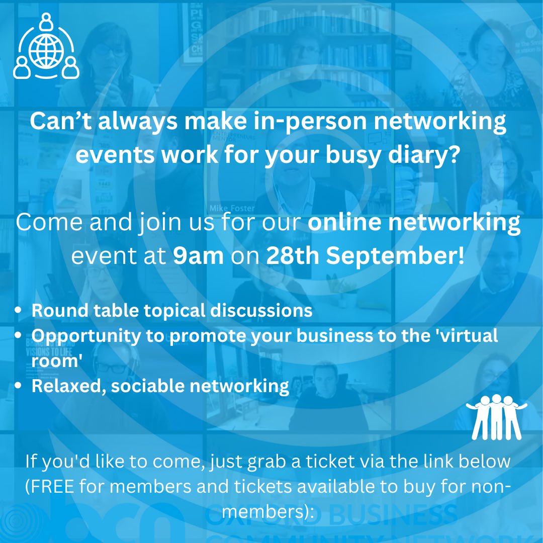Can’t make an in person event because of a busy schedule? Problem solved✅

Come &amp; join us on the 28th September @ 9am for our popular online networking event!

Click via the link below:

oxfordbusinesscommunitynetwork.co.uk/event/28-09-23…

#networking #oxfordshirenetworking #onlinenetworking