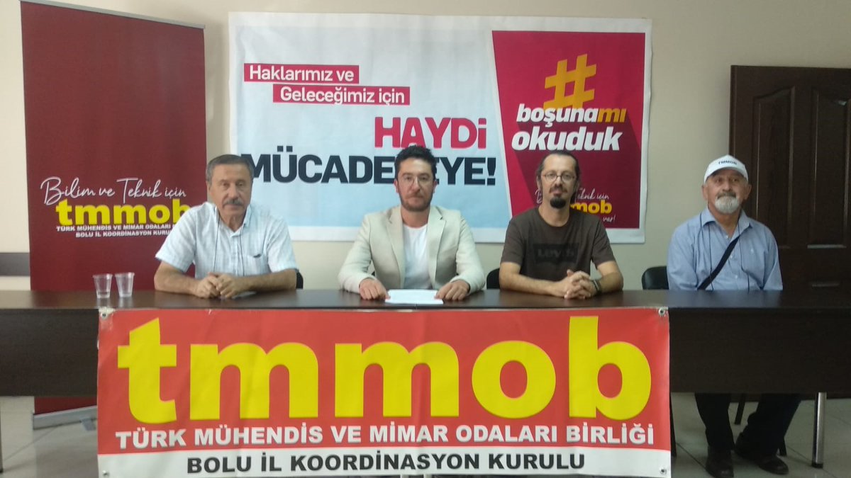 TMMOB Bolu İl Koordinasyon Kurulu 15 Eylül 2023 tarihinde bir basın açıklaması yaparak TMMOB'nin örgütlü olduğu tüm illerde başlattığı 'Boşuna mı Okuduk' kampanyasını duyurdu.

tmmob.org.tr/icerik/tmmob-b…