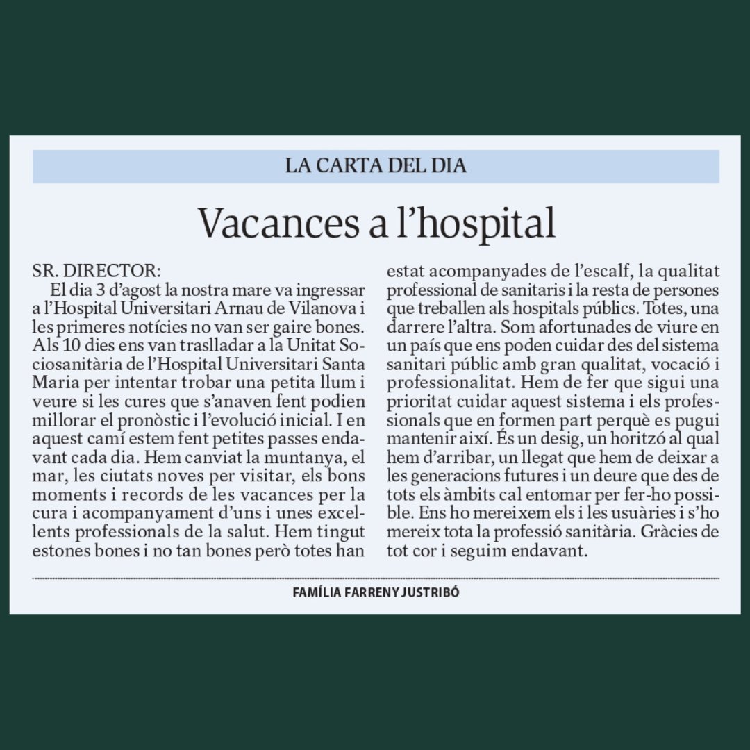 GSS_Lleida's tweet photo. Fa uns dies la família Farreny Justribó ens va deixar aquestes paraules al diari @SEGREcom, en les que destaquen i agraeixen el tracte rebut als hospitals @harnaulleida i Santa Maria.
Des d’aquí us agraïm profundament aquestes paraules 💚.
#100anysalvostrecostat #HUSM #GSS https://t.co/M34PaxHKLL