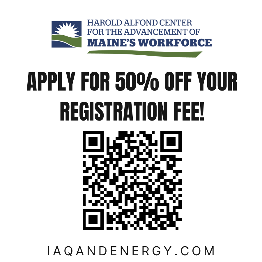 Want to pay only half of the registration fee?! 🤔

Apply for The Alfond Center for the Advancement of Maine’s Workforce scholarship program!
Learn more and how to apply by scanning the QR code or visiting ➡️ maineindoorair.org/iaqe2023-atten…