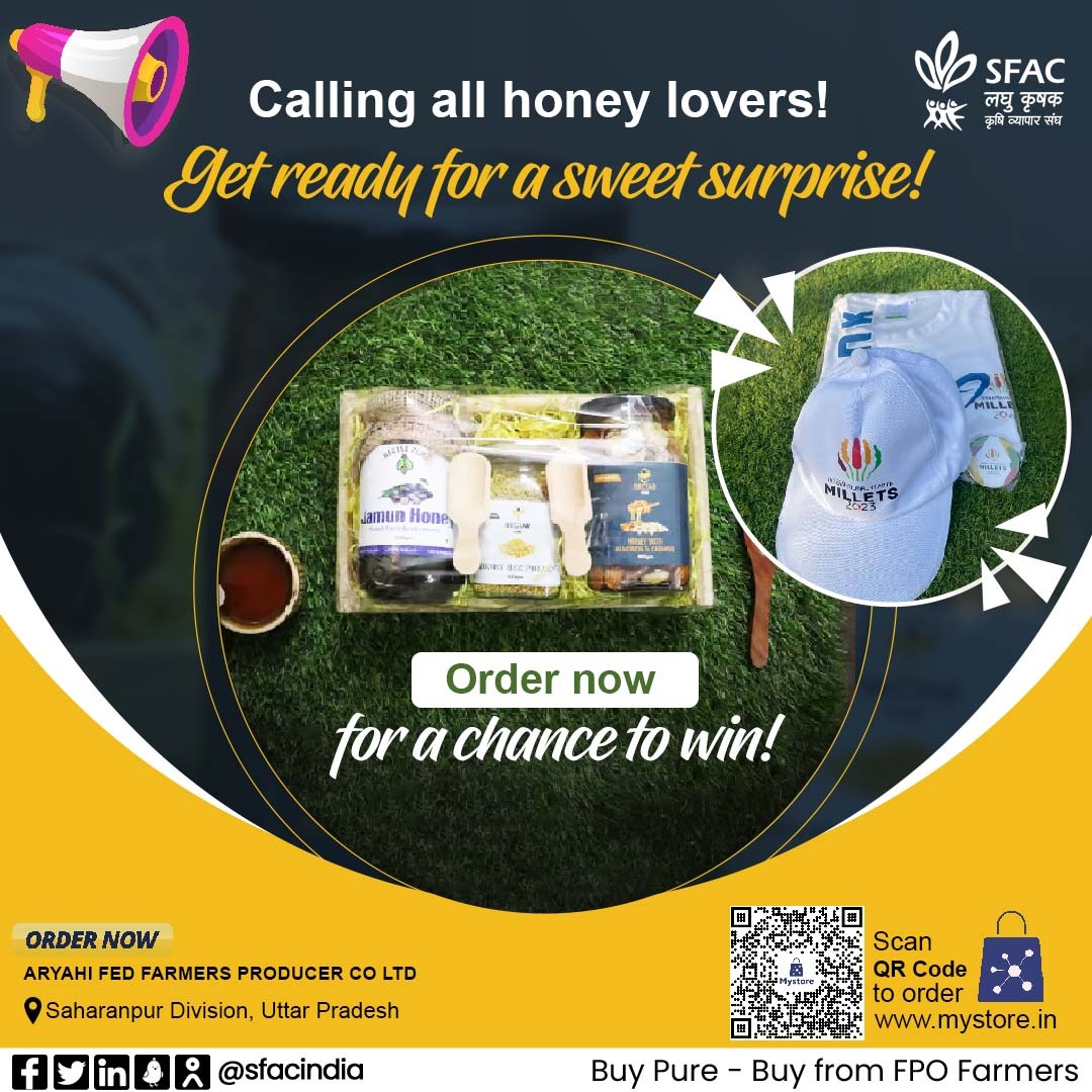 GIVEAWAY ALERT🎉
Get buzzing with our Bee Products Special gift pack with a FREE wooden spoon! 
Order now &amp; receive a FREE <a href="/IYM2023/">International Year Of Millets 2023</a> T-Shirt &amp; Cap! 
Valid till 20th September

🐝Bee wise🐝Eat pure🐝
mystore.in/en/product/bee…
<a href="/AgriGoI/">Agriculture INDIA</a> <a href="/nstomar/">Narendra Singh Tomar</a> <a href="/ShobhaBJP/">Shobha Karandlaje</a> <a href="/KailashBaytu/">Kailash Choudhary</a> <a href="/ONDC_Official/">ONDC India</a>