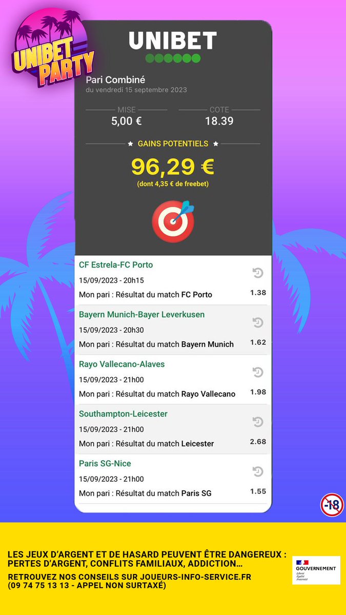🤞 Le combi spécial 𝐌𝐢𝐬𝐬𝐢𝐨𝐧 𝐔𝐧𝐢𝐛𝐞𝐭 𝐏𝐚𝐫𝐭𝐲 ! Tu suis ?

🤝 Les gains à l'un d'entre vous dans les RT + #UnibetParty + pseudo s'il ne passe pas