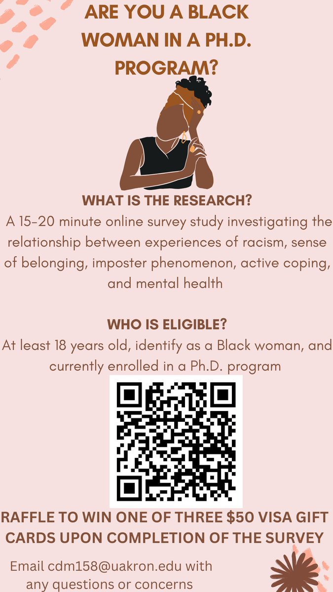 Ahh! I am so excited to launch my dissertation study on Black women’s experiences in PhD programs! To be eligible, you must identify as a Black woman, be 18 years of age or older, and be currently enrolled in a PhD program (in any discipline)! #PhD #Dissertation