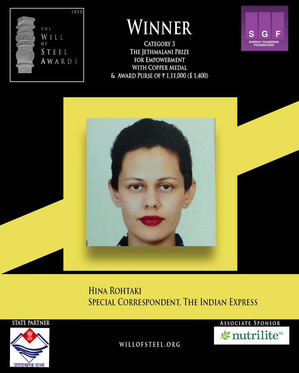 #WillOfSteelAwards | Hina Rohtaki (<a href="/HinaRohtaki/">Hina Rohtaki</a>), Special Correspondent, The Indian Express wins the #JethmalaniPrize for Empowerment