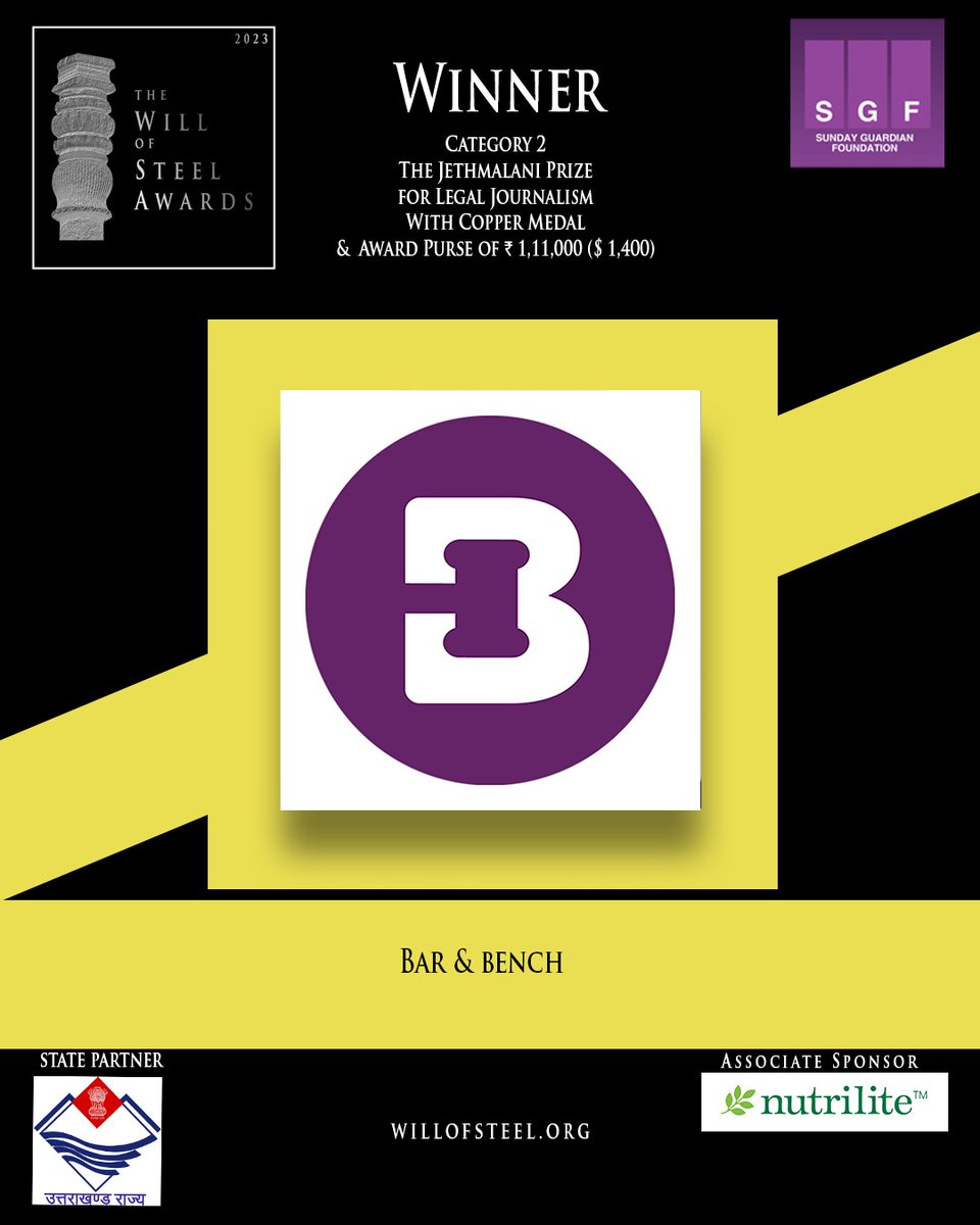 #WillOfSteelAwards | Bar &amp; Bench (<a href="/barandbench/">Bar and Bench</a>) wins the #JethmalaniPrize for Legal Journalism