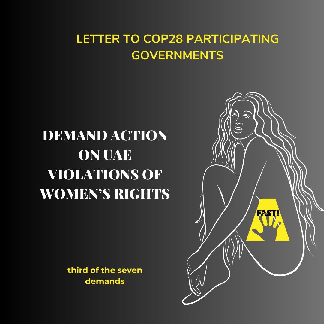 🚺 Women's Rights Matter: At #COP28, we demand accountability from the UAE for violations against women's rights, #sextrafficking and #humantrafficking. No tolerance for violence or human rights abuse. #WomensRights #GenderEquality #ActFAST