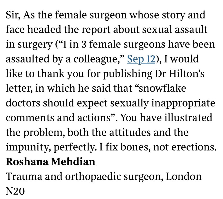 I don’t tweet much anymore but I had to today so I could highlight this - an incredible rebuttal to Dr Peter Hilton’s embarrassingly misogynistic letter in @thetimes. @RoshanaMN - you are an absolute hero. Thank you.