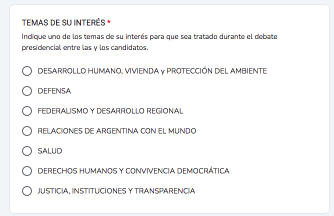 soyingridbeck's tweet photo. Hay debate presidencial (1 y el 8/10) y los temas están definidos. Pero se puede agregar un eje más mediante la "participación ciudadana", que consiste completar un formulario y seleccionar un tema de interés. Yo pedí incluir Derechos Humanos y Convivencia Democrática. Hay tiempo hasta mañana. https://t.co/iy24wjXexi