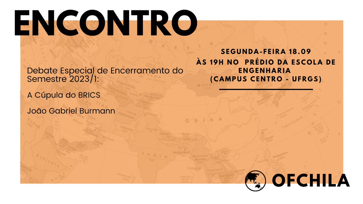 📢 Dia 18.09, às 19h, a <a href="/_ofchila/">OfChiLA</a> realizará o último encontro deste semestre!

📷 Receberemos João Gabriel Burmann para debater sobre a Cúpula do BRICS!

📍Nos encontraremos no Prédio Centenário da Escola de Engenharia - UFRGS