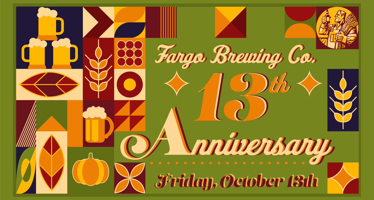 🍺 SAVE THE DATE 🍺 
Mark your calendars &amp; get ready to celebrate 13 years of quality craft beer with Fargo Brewing!
🗓️ Friday, October 13th
⏰ 4pm
👥 Family Friendly
🎟️ FREE
🎶 Live music
🍂 Fall themed festivities 
🥨 Food features from at Nova Eatery! 
➕ Plus much more!