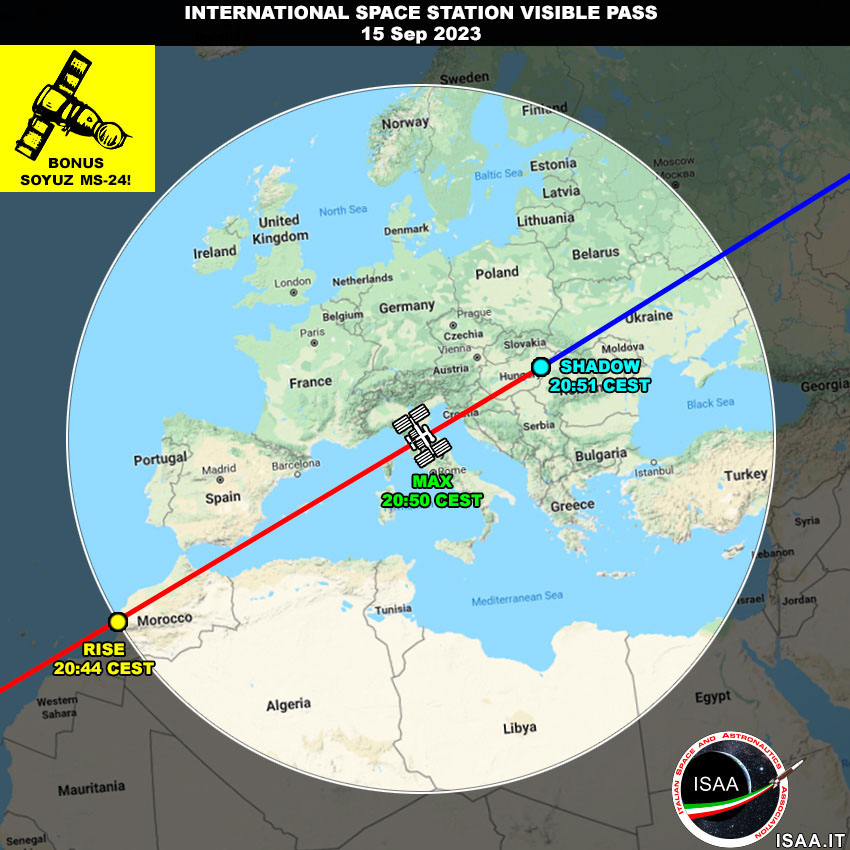 RikyUnreal's tweet photo. ITA 🇮🇹
Stasera 15 settembre ci sarà un bel passaggio della #ISS visibile da tutta Italia.
Appuntamento alle 20:46 circa (ora locale) meteo permettendo.
**BONUS**
La Soyuz MS-24 sarà in procinto di attraccare: armatevi di binocolo!
Buona caccia!
#SpotTheStation #Expedition69 https://t.co/TOFRZIGneH
