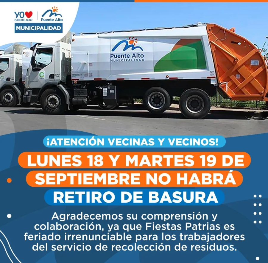 🔴 Queridas vecinas y vecinos:
Comunicamos que los días lunes 18 y martes 19 de septiembre de 2023 no habrá servicio de recolección de residuos sólidos domiciliarios por ser feriado irrenunciable.

Les pedimos su comprensión y colaboración, no sacando la basura esos días.