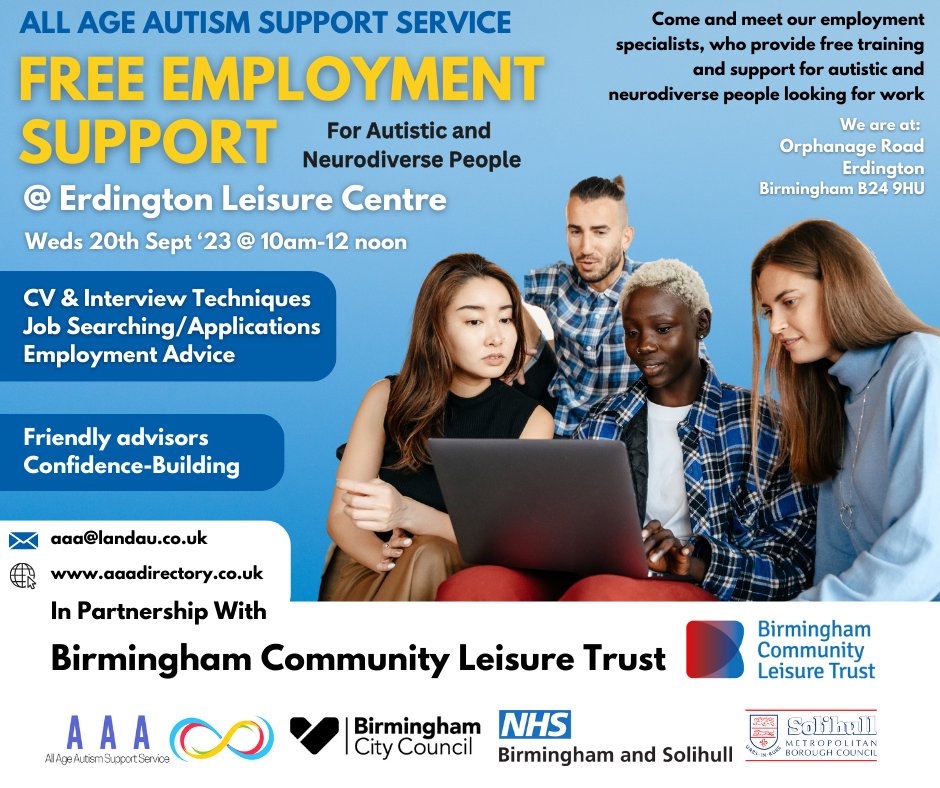 Are you an autistic person living in Birmingham or #Solihull looking for a career in the leisure industry? Come along to this free Employability Services event at Erdington Leisure Centre on Wednesday, September 20, between 10am and 12pm.