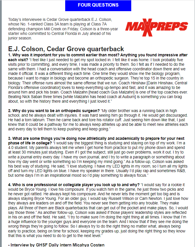 GHSFdaily's tweet photo. Nice 4Q interview today with Cedar Grove QB E.J. Colson. Impressive young man on and off the field.
@colson_ej @FBCedarGrove @micahya_c @UCF_Football @UCF_Recruiting @OfficialGHSA https://t.co/jwKgpiMPaV