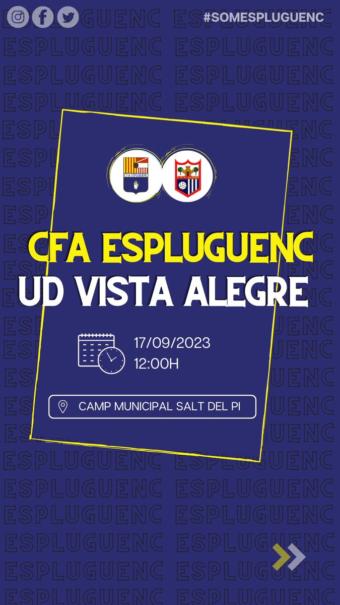 CFAEspluguenc's tweet photo. PRIMER PARTIT AL SALT DEL PI! 

🆚 @UDVistaAlegre 
🏆 J2 - #2cat3 
🏟 Mpal. Salt del Pi (#Esplugues) 
🕗 12 h

✔️ Busquem els primers punts de la temporada  

#SomEspluguenc | #Futbolcat https://t.co/rdw9HVLQek
