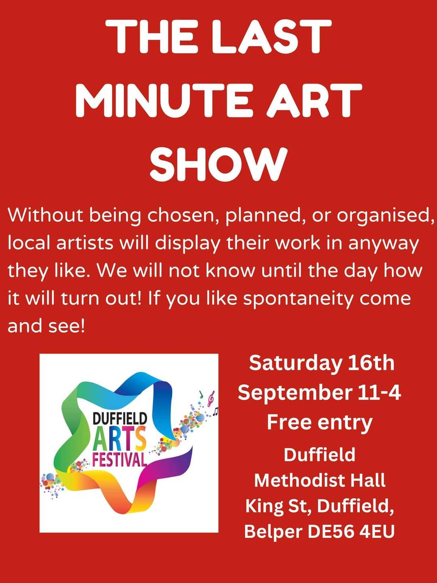 We love spontaneity!

Come along and see some amazing and exclusive art at the Methodist Church Hall, 10A King St, Duffield, DE56 4EU.

A massive thanks you to @ruthgrayimages for pulling this out of the bag in days.

Please spread the word.