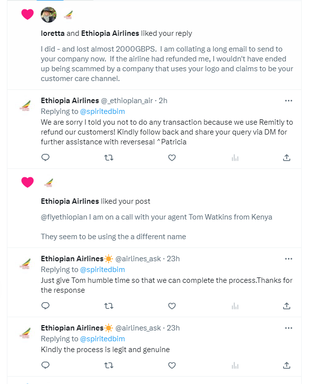 spiritedbim's tweet photo. I got scammed by people that used @flyethiopian's logo.  simply because @flyethiopian is making things difficult with refunding me on a flight I can no longer take .  Have a look at the attached images at the fake account.  Stay safe out there people. https://t.co/YGH9SQtu4I
