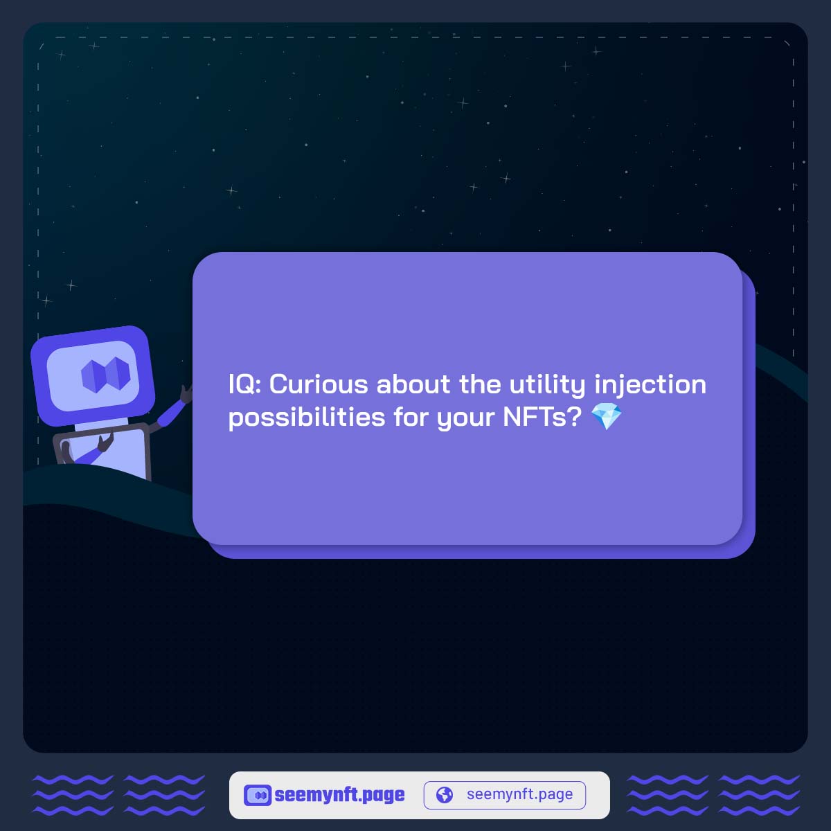 Curious about the utility injection possibilities for your NFTs? 💎 Learn more: seemynft.page #NFT #NFTs #nftcommunity