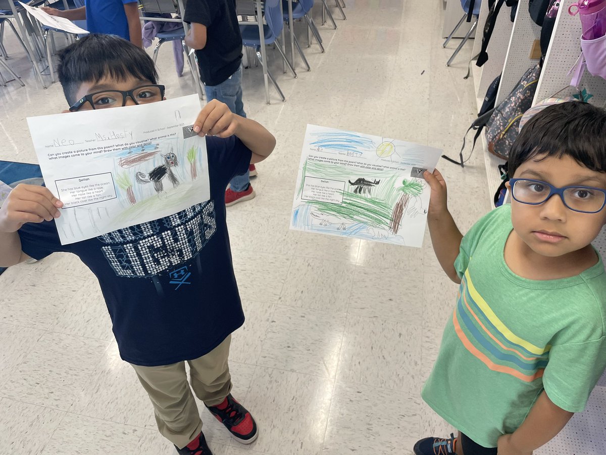 MrsJTweets2020's tweet photo. Fun morning with Miss Hosty’s Mustangs! They practiced CCT Visualization and drew detailed pictures of an animal that matched a poem. Students “saw” cats, wolves, skunks, dogs and more! @McNairUpperES @fcpsaap https://t.co/v9EE1yxhXZ