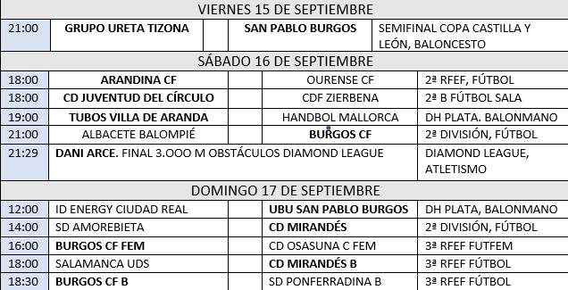 burgosdeportivo's tweet photo. HORARIOS FIN DE SEMANA (15/16/17 SEPTIEMBRE) https://t.co/Mzihfvbcvn